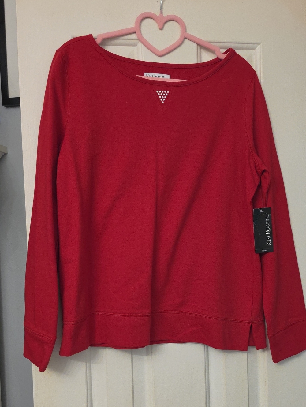 New With Tags Kim Rogers Red Crewneck Pullover with Rhinestone Triangle Size PS
